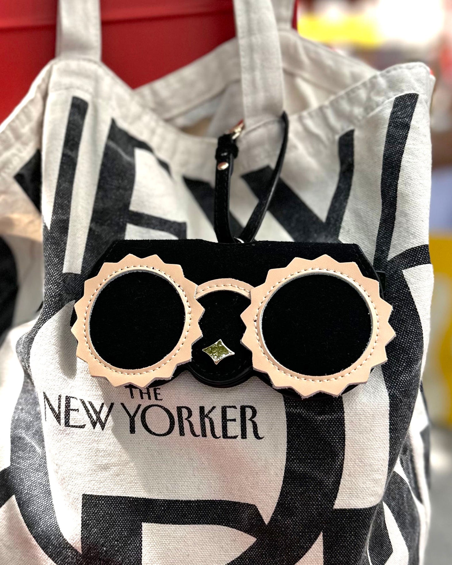 ⚙️ Chic Black and Beige Gear Shaped Eyewear Tote - Charm & Sunglass Holder ⚙️